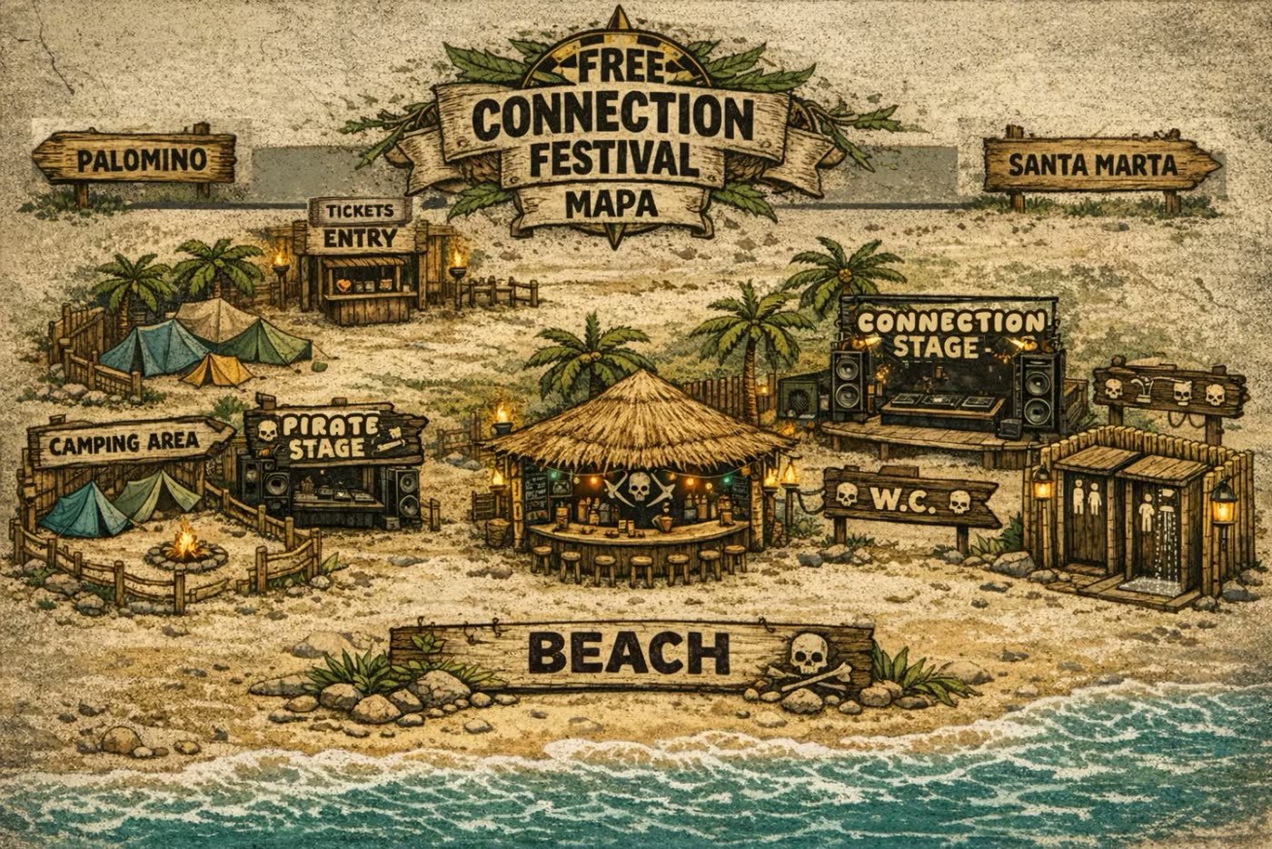 Mapa ilustrado del festival entre Santa Marta, Palomino y la playa